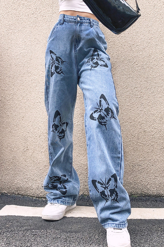 Slimming Butterfly Print Drapey Straight-Leg Jeans Women