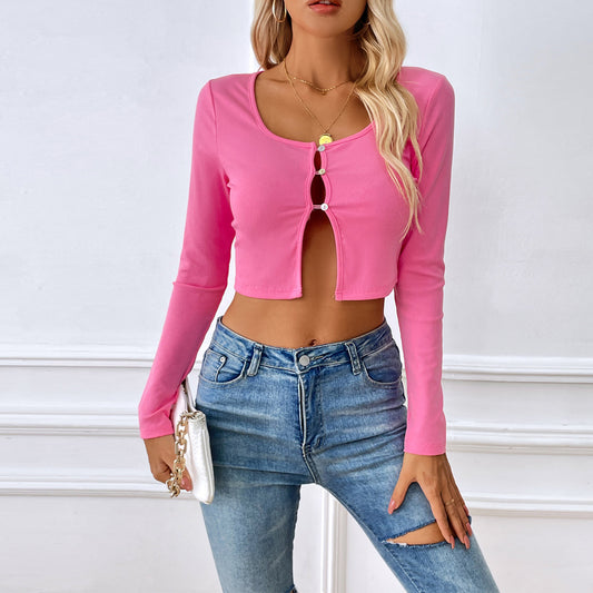 Women Clothing Autumn Winter Sexy Hollow Out Cutout Out Slim Fit Short Knitted Stretch Long Sleeve T shirt Top