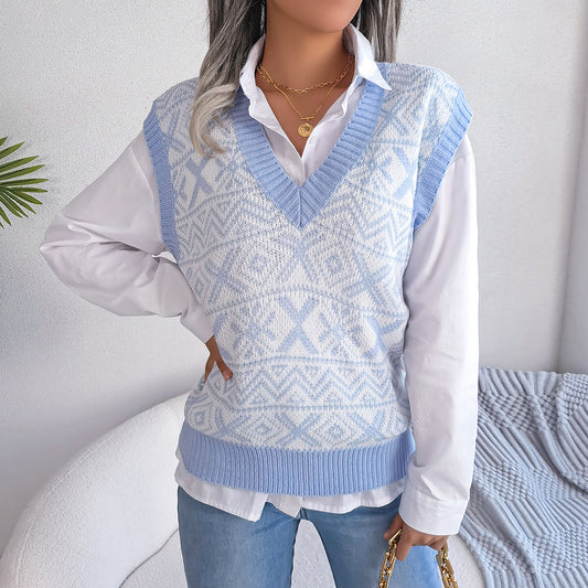 Autumn Winter Christmas Snowflake Pattern V-neck Knitted Vest Sweater Women Clothing