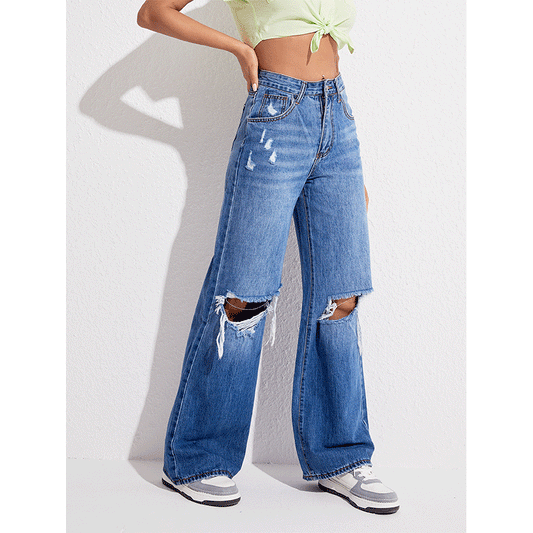 Denim Washed Women Casual Ripped Jeans Loose High Waist Wide Leg Trousers