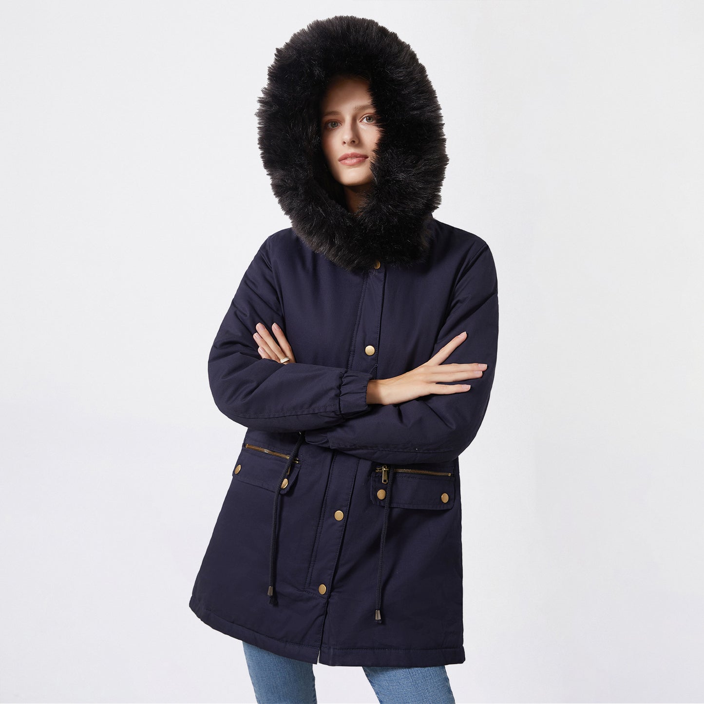 Autumn Winter Parka Women Fleece Lined Coat Women with Fur Collar Hooded Warm Jacket Loose Cotton Coat Plus Size