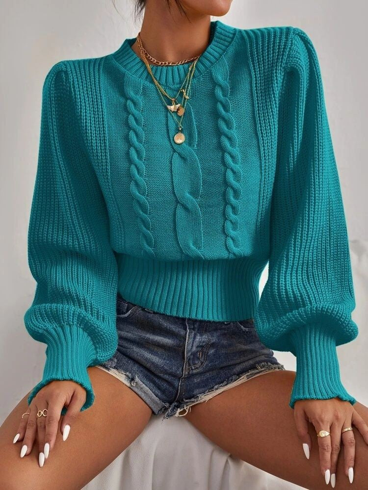 Solid Color Knitwear Autumn Winter round Neck Pullover All Matching Lantern Sleeve Cable Knit Sweater Women