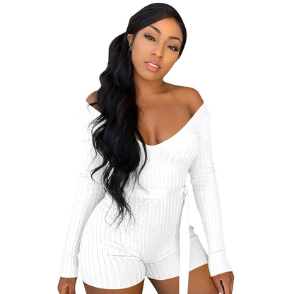 Women Clothing Homewear Bandage Solid Color Rib Fabric Cloth Women Clothing Romper