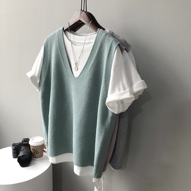 Knitted Vest Women Spring Preppy V neck Loose Idle Sleeveless Waistcoat