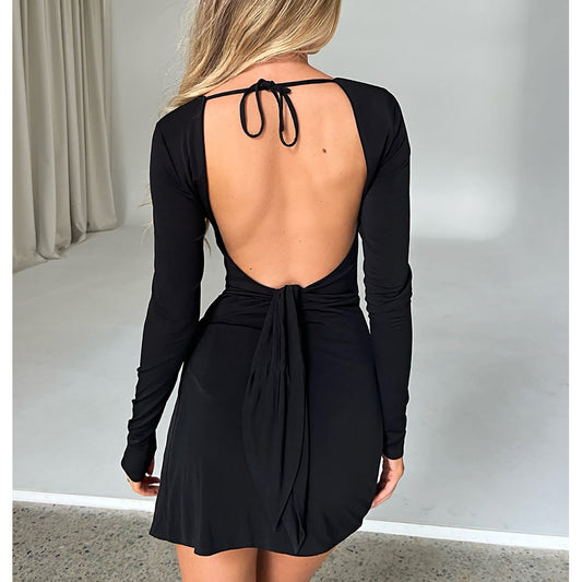 Women Clothing Sexy Backless Lace Up Split Long Sleeve Swing Collar Dress