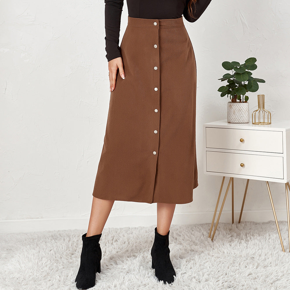 Women Clothing Boutique Corduroy Skirt Single Breasted High Waist Autumn Winter Maxi  Women Skirt