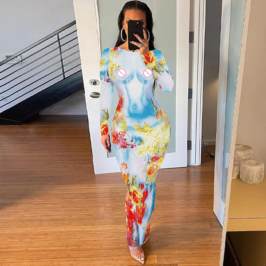 Women  Clothing Summer Printed Slim Fit round Neck Long Sleeves Dress