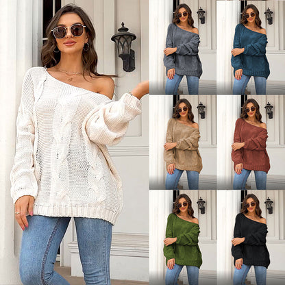 Women Autumn Winter Loose Sweater Round Neck Solid Color Pullover Sweater Women