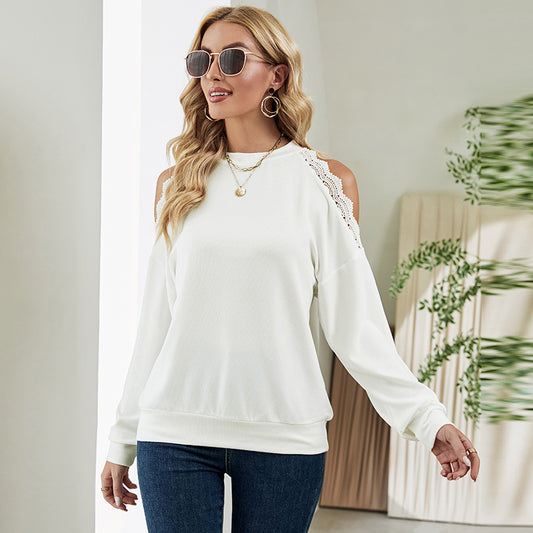 Fall Winter Lace Stitching Sexy off-Shoulder Casual T Sweatshirt