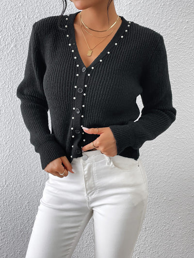 Autumn Winter Knitwear Collar Pearl Short Coat Cardigan Sweater for Women