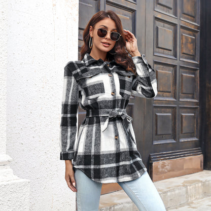 Women Clothing Autumn Winter Street Color Contrast Check Strap Long Woolen Coat