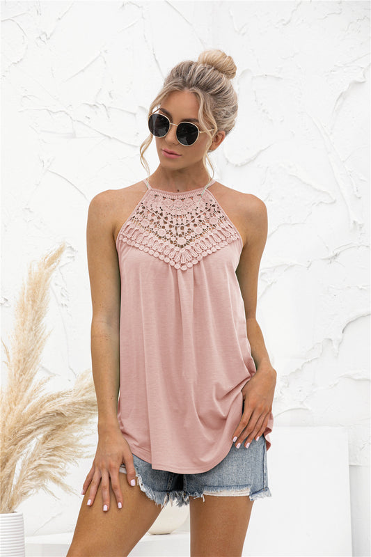 Spring Summer Lace Stitching Halter Top