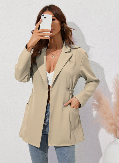 Women Clothing Fall Winter Lapels Small Mid Length Long Sleeve Jacket Blazers