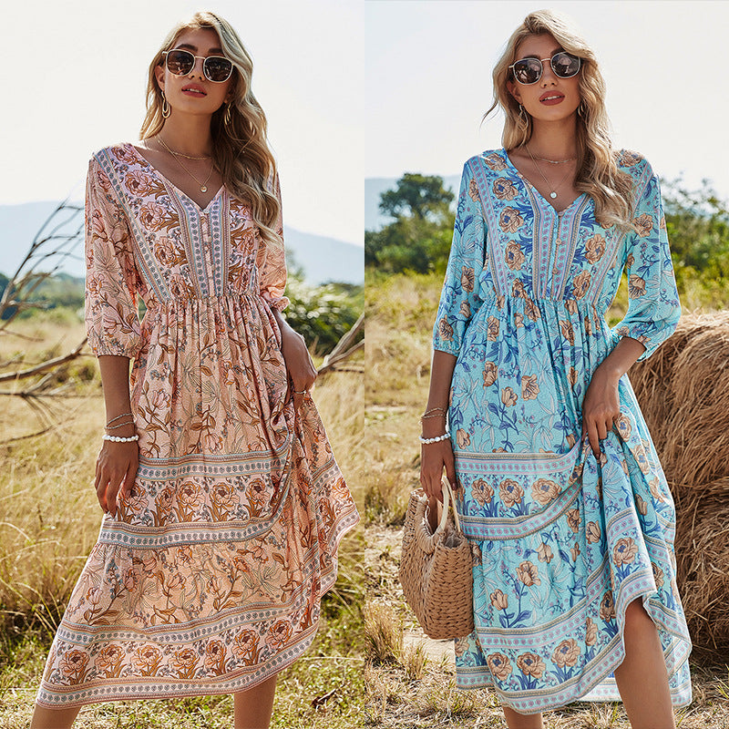 V-neck High Waist Bohemian Dress Mid-Length A- line Dress