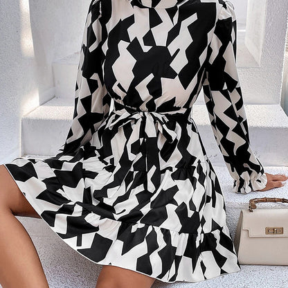 Autumn Sexy Shirt Geometric Abstract Print Long Sleeve Slim Dress