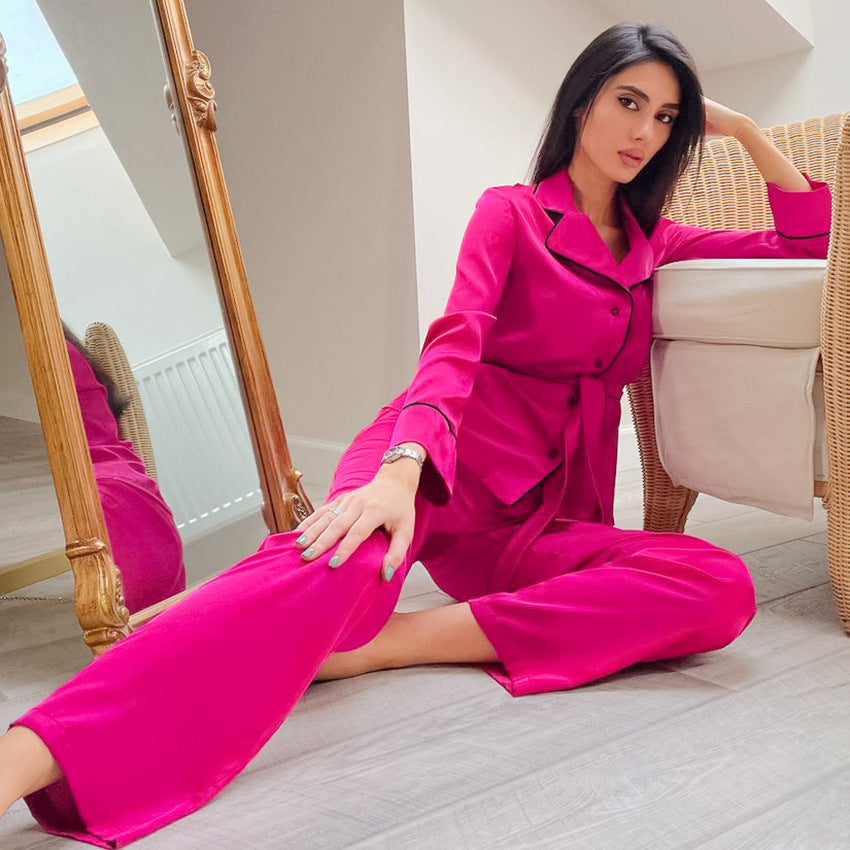 Fall Pajamas Set Collar Satin Comfortable Long Sleeve Cardigan Nightgown Trousers Set Ladies Homewear