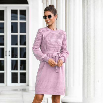 Women Clothing Autumn Winter Outer Model Loose Mid Length Pullover Twist Lantern Sleeve Dress