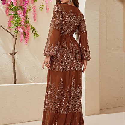 Maxi Dress   Long Sleeve Sequined Chiffon Deep V Plunge Neck Split Waist Fitted Dress