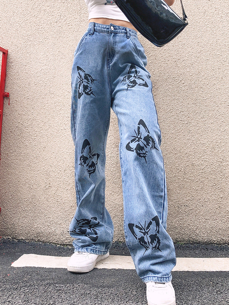 Slimming Butterfly Print Drapey Straight-Leg Jeans Women