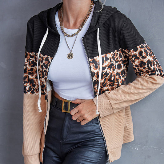 Leopard Print Patchwork Hoodie Color Matching Zipper Cardigan Coat Top Women