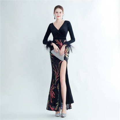 Craft Ostrich Feather Sequin Velvet Side Slit Long Sleeve Evening Dress