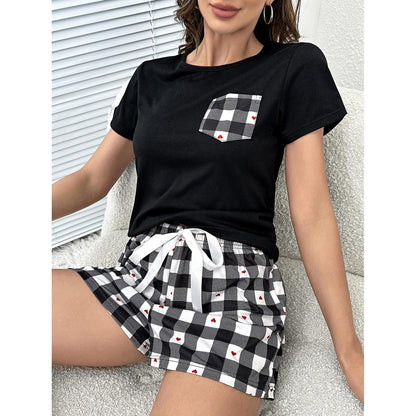 Pajamas Women Summer Short Sleeve Plaid Printed Simple Casual Homewear Suit