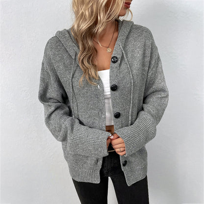 Solid Color Hooded Single-Breasted Sweater Women Autumn Winter Drawstring Knitted Cardigan Coat Women