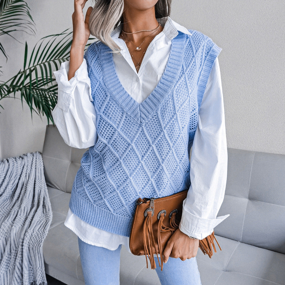 Real shot autumn winter v-neck rhombus Hollow Out Cutout casual knitted sweater vest women clothing