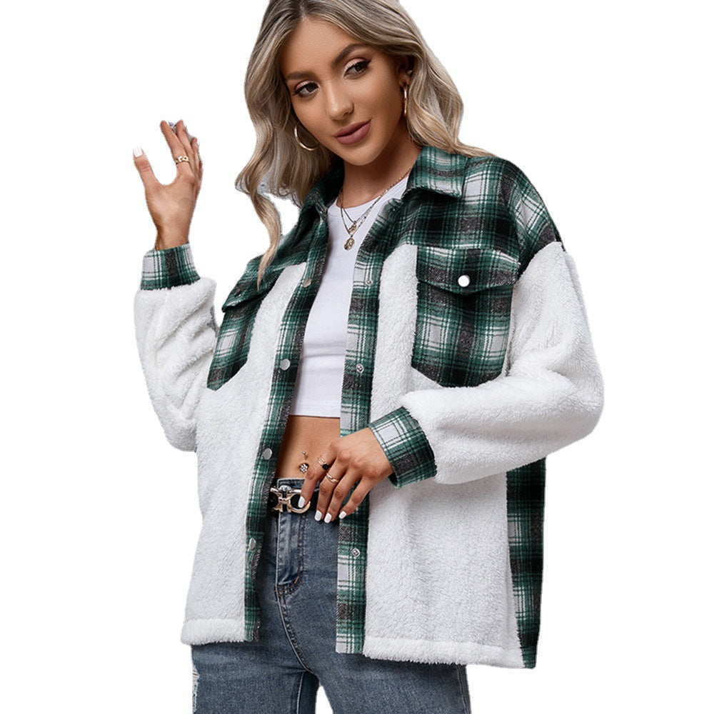 Thick Cashmere color block Long Sleeve Plaid Stitching Loose Casual Plush Plaid Shacket Jacket Coat Top Women