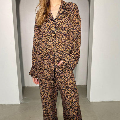 Leopard Print Shirt Long Sleeved Trousers Pajamas Two Piece Set Home Wear