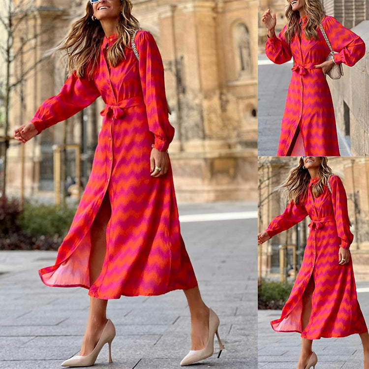Autumn Women Clothing Printed Lace-up Contrast-Color Bohemian Split Dress