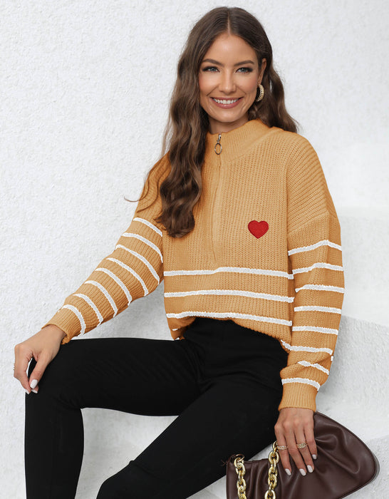 Women Pullover Sweater Women Clothing Woven Striped Stitching Half Turtleneck Loose Zip Top Sweater