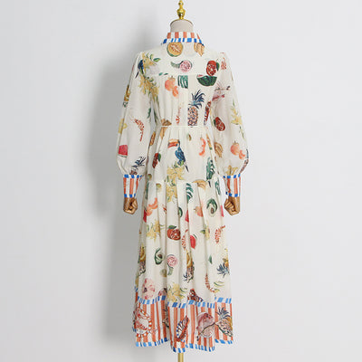 Brand Fruit Printed Maxi Dress Autumn Polo Collar Lantern Sleeve Lace up Dress