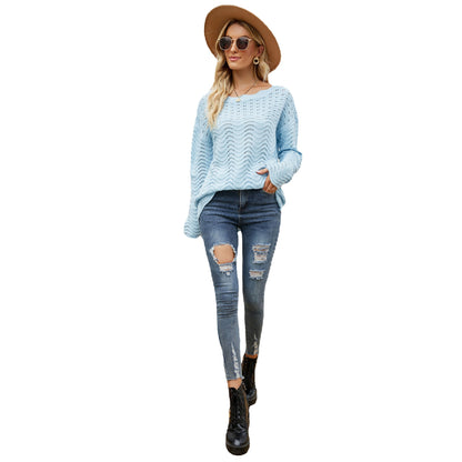 Autumn Winter Knitwear Solid Color Hollow-out Pullover Lace off-Neck Loose Sweater for Women