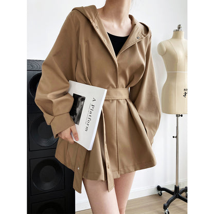 Korean Elegant  Hemline Type Waist-Controlled Lace-up Trench Coat Women Spring Autumn Profile Hooded Top