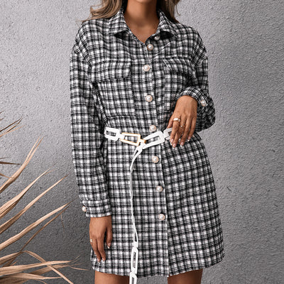 Casual Single Breasted Mid Length Plaid Shacket Shirt Dress Top Women
