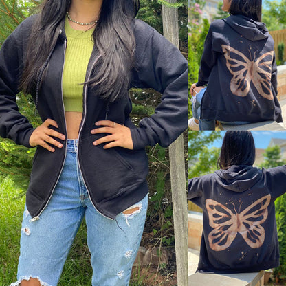 Autumn Winter Women  New Casual  Zipper  Butterfly Print Hoodies