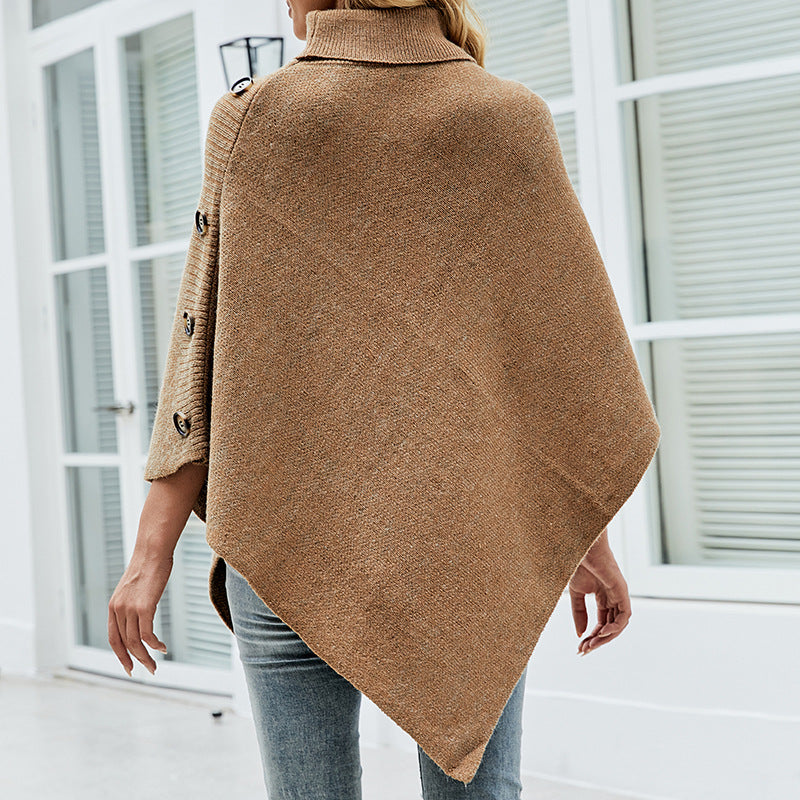 Autumn Winter  Shawl Cape  Solid Color Turtleneck   Women Sweater