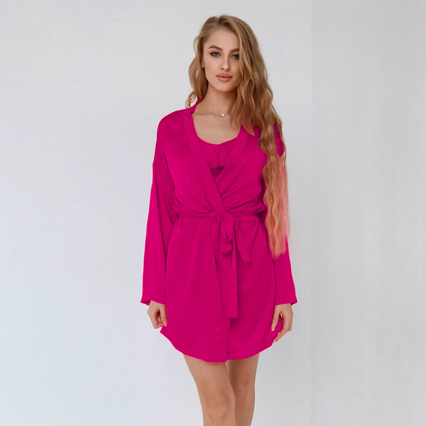 Autumn Spaghetti Strap Ruffle Design Shorts Nightgown Three Piece Solid Color Imitation Silk Ladies Homewear Pajamas