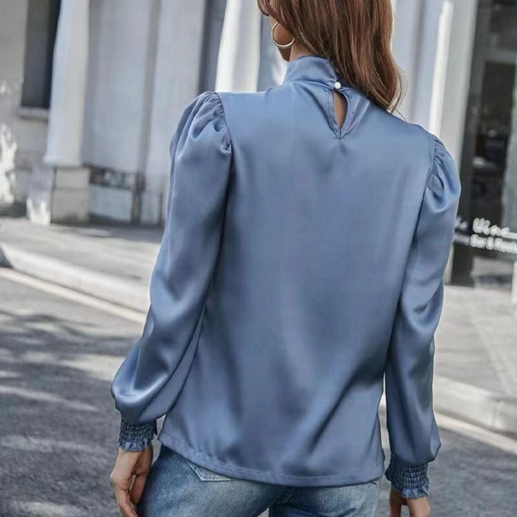 Women Shirt Autumn Arrival Elegant Half Turtleneck Bubble Long Sleeve Pleated Fit Type Women  Blouse