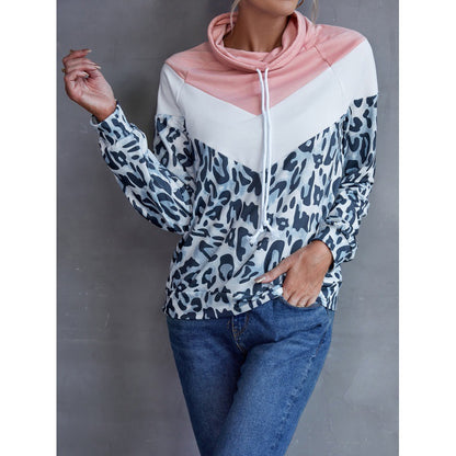 Leopard Print Contrast Color Splicing Pullover Hooded Sweater Casual Multicolor T-shirt Top for Women