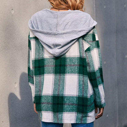 Plaid Shacket   Hooded Loose Casual Shacket Jacket Outerwear