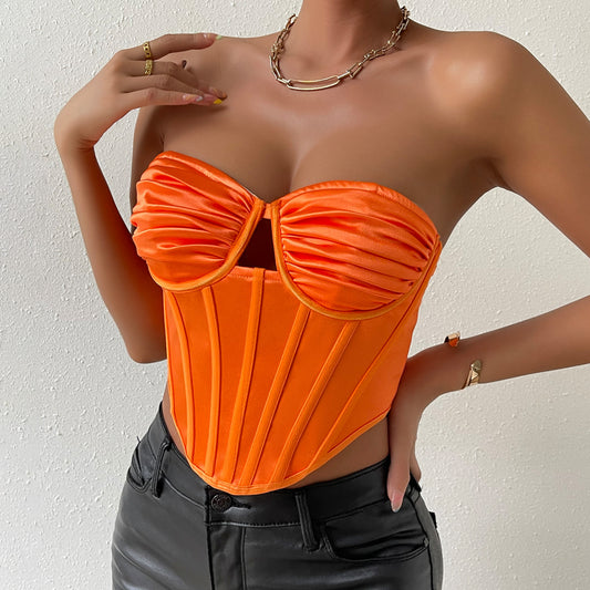 Women Tops Stand Alone High Elastic Slim Hollow Out Cutout Pleated Sexy Boning Corset Vest