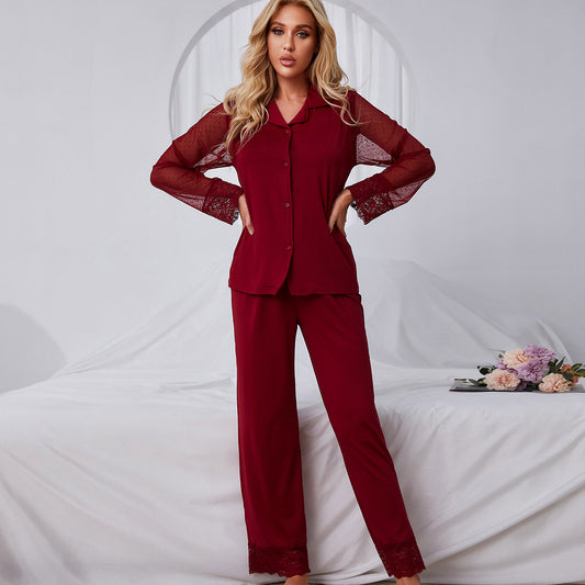 Home Wear Solid Color Mesh Long Sleeve Top Trousers Pajamas Suit Spot