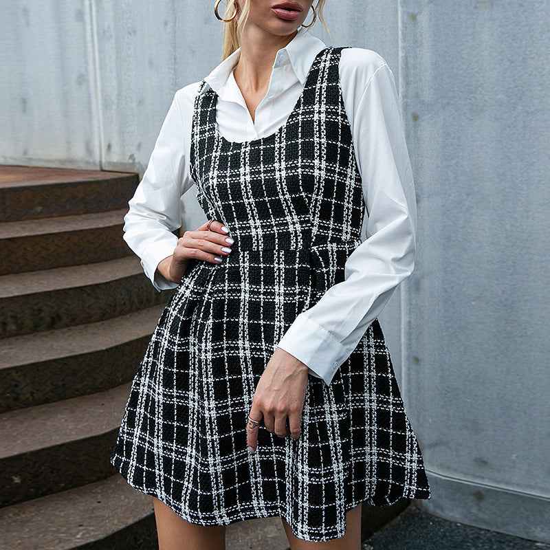 Women Clothing Cami Dress Elegant Plaid Woolen  Autumn Winter Dress for Women