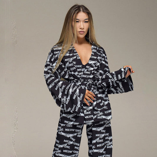 Summer Printed Artificial Silk Casual Breathable Loose Comfortable Pajamas Ladies  Homewear Outer Wear