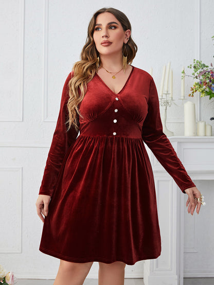 Popular Dark Red V neck Slimming High Waist Long Sleeves Dress