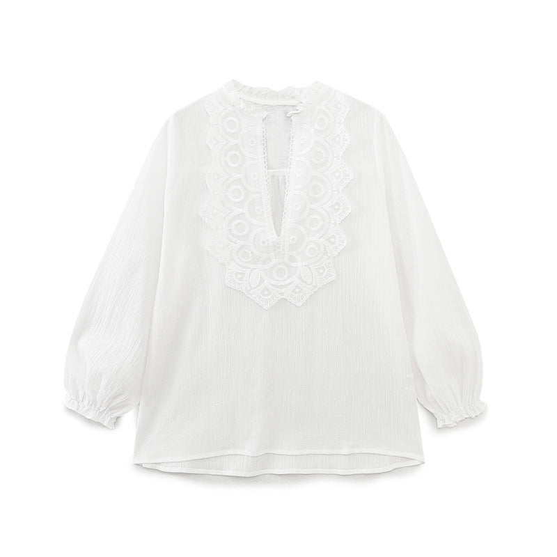 Spring Long Loose Casual Chest Embossed Lace Decorative Shirt