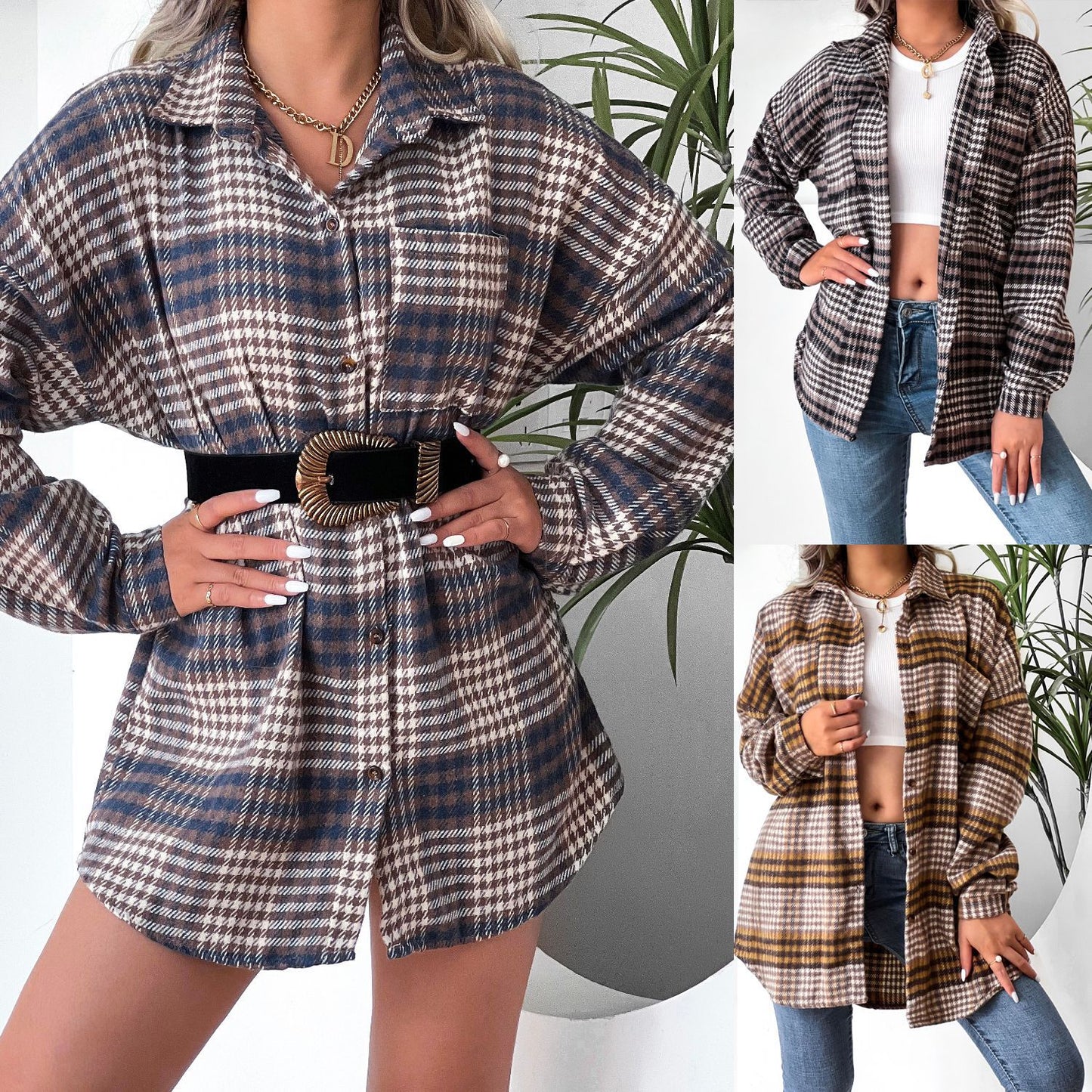 Women  Clothing Plaid Shirt Collared Bat Sleeve Coat Dress