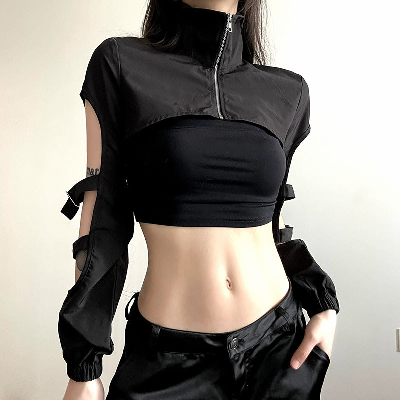 Dark Mechanical Irregular Asymmetric Stand Collar Workwear Blouse Sexy Cool Handsome Wear Ultra Short Coat